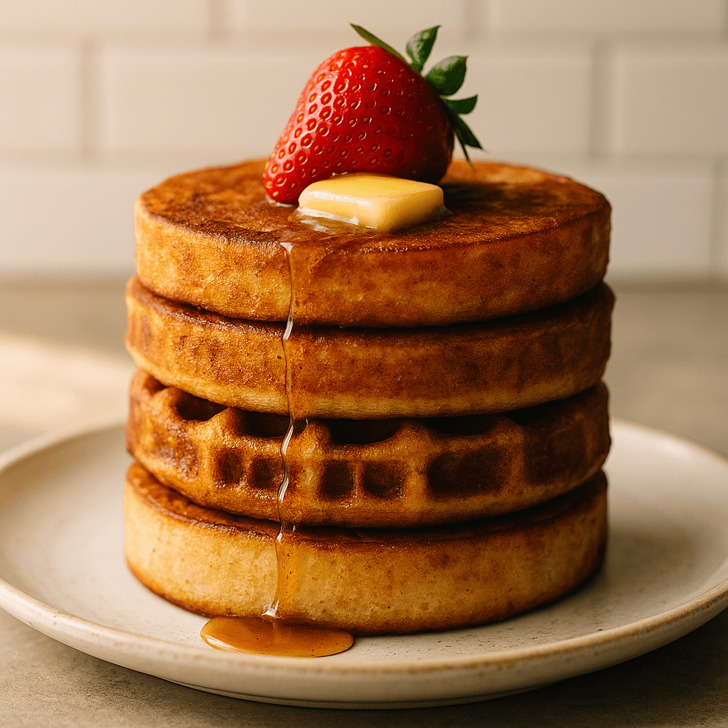 Pawaffle Toast — golden-brown hybrid breakfast with waffle grid, French toast color, and pancake fluffiness, topped with butter and maple syrup alongside fresh berries
